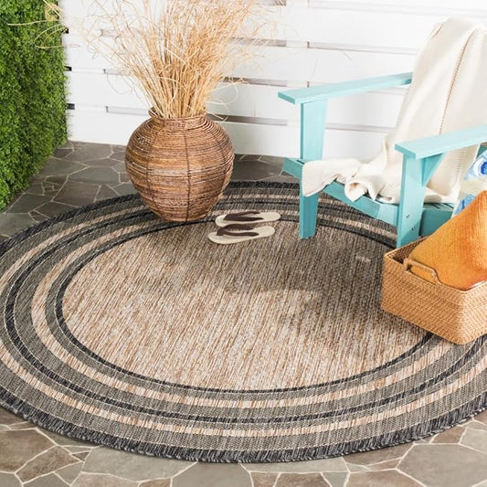 SAFAVIEH Courtyard Collection Area Rug - 7'10" Round, Natural & Black, Indoor/Outdoor, Weather Resistant & Washable, Ideal for Patio, Backyard, Mudroom, Deck (CY8475)