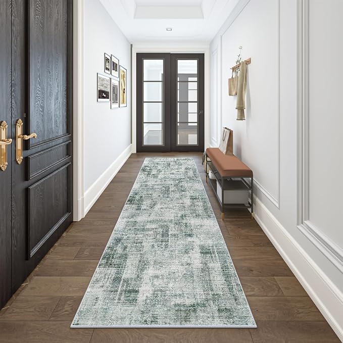 Eleisa Modern Abstract 2x8 Hallway Runner Rug, Green & Ivory, Non-Slip Washable Low Pile Rugs, Vintage Rug Hallway Indoor Carpet for Kitchen, Entryway and Laundry Room