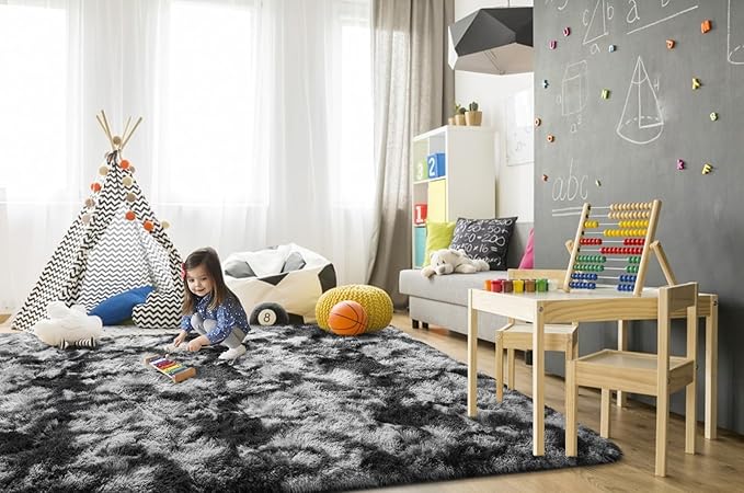 TWINNIS Super Soft Shaggy Rugs Fluffy Carpets 6x9 Feet, Indoor Modern Plush Area Rugs for Living Room Bedroom Kids Room Nursery Home Decor, Upgrade Anti-Skid Fuzzy Rug, Black and Grey