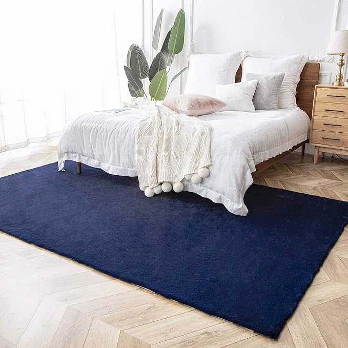 Ashler Faux Fur Rug, Ultra Soft Faux Rabbit Fur, Dark Blue Area Rugs, 5 x 7 Feet Rectangle, Machine Washable Nursery Decor Throw Rugs for Bedroom, Kids Room, Living Room