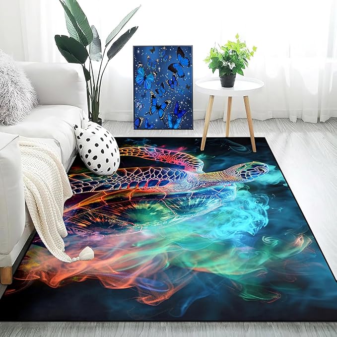 Sea Turtle Rugs - Seafloor Turtle Area Rugs for Kids 4'×5' Ocean Life Turtles Carpet Rugs for Bedroom Living Room Kids Room Decor Indoor Outdoor