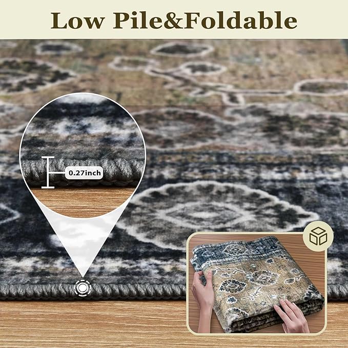 2x3 Oriental Entryway Rug,Washable Non-Slip Small Rugs for Entryway, Ultra-Thin Design for Front Door, Bathroom, Kitchen,Black & Yellow Door Mat
