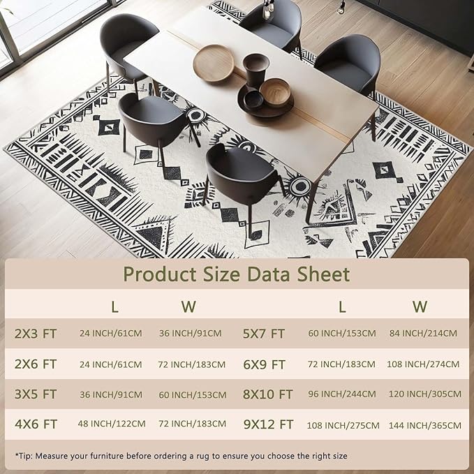 2x3 Area Rug Machine Washable Entryway Rugs Western Tribal Southwestern Black White Rug Non-Slip Low Pile Door Mat Entrance Small Carpet for Home Kitchen Bathroom Bedroom