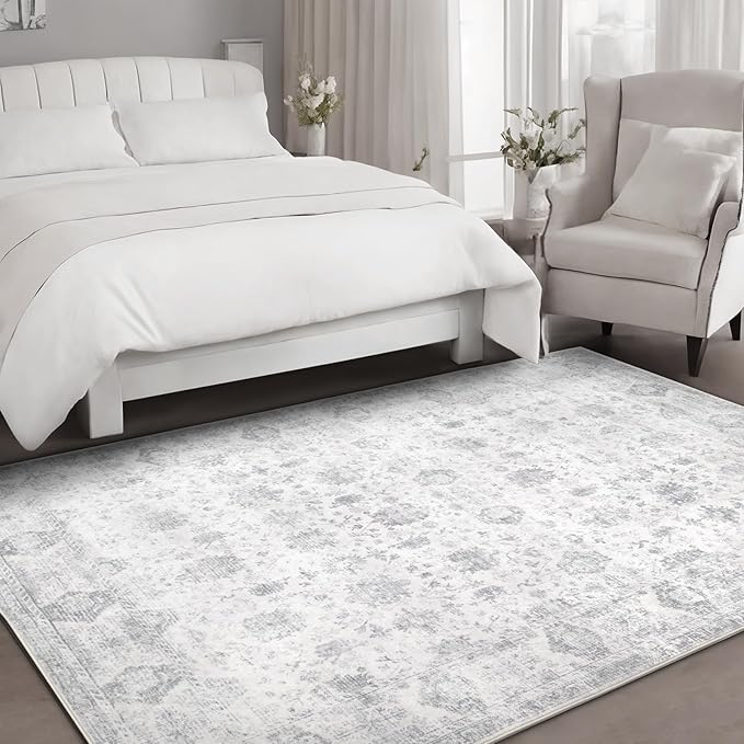 Washable 8×10 Area Rug for Living Room, Vintage Floral Rug Soft Non Slip Stain Resistant Boho Carpet for Bedroom Dinning Room Kitchen Home Office Grey