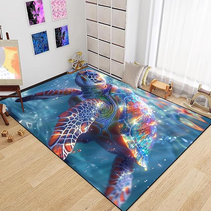 Sea Turtles Rug - Seafloor Turtle Area Rug for Kids 59" L x 39" W Ocean Life Turtles Carpet Rugs for Bedroom Living Room Kids Room Decor Indoor Outdoor