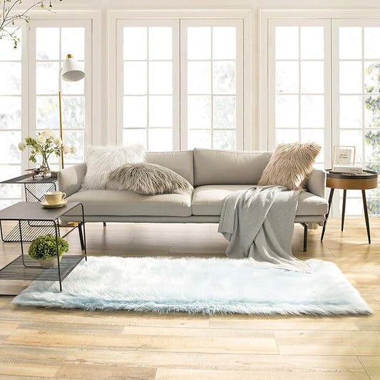 Ashler faux fur rug, Fluffy Shaggy Area Rug Ultra Soft 2.2 x 6 Feet Rectangle Fur Rug, Light Blue Fuzzy Rug Machine Washable Shag Rug, Nursery Decor Throw Rugs for Bedroom, kids room, Living Room