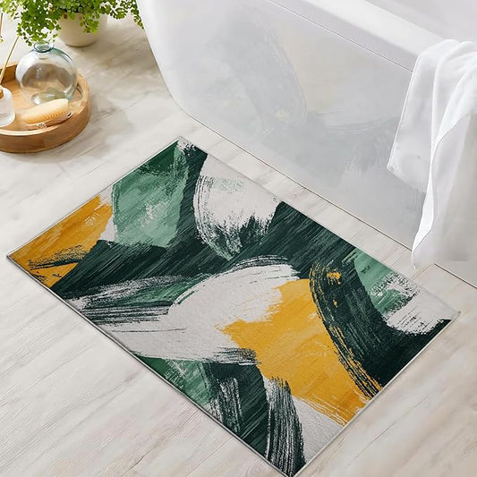 Bathroom Mat Green Gold Modern Abstract Rugs Contemporary Machine Washable Soft Plush Rug Carpet Non Slip Boho Aesthetic Area Rug for Entryway Kitchen Living Room Bedroom Dining Room Home 20x31.5 Inch