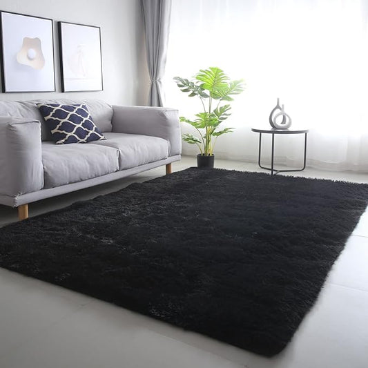 CAIYUECS Shag Area Rug,Indoor Ultra Soft Plush Rugs for Bedroom Living Room, Non-Skid Modern Nursery Faux Fur Rugs for Kids Room Home Decor (4x6 Feet, Black)