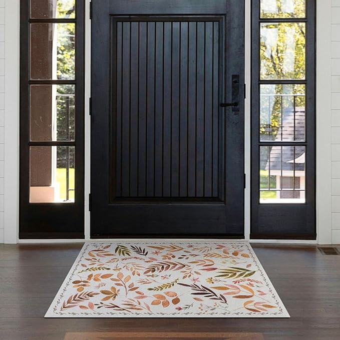 Syalife 2x3 Area Rugs, Non Slip Washable Small Rugs for Entryway, Kitchen, Bathroom, Kids Room, Low Pile Entry Throw Rug Indoor Front Door Mat (Orange Leafy, 2'x3')