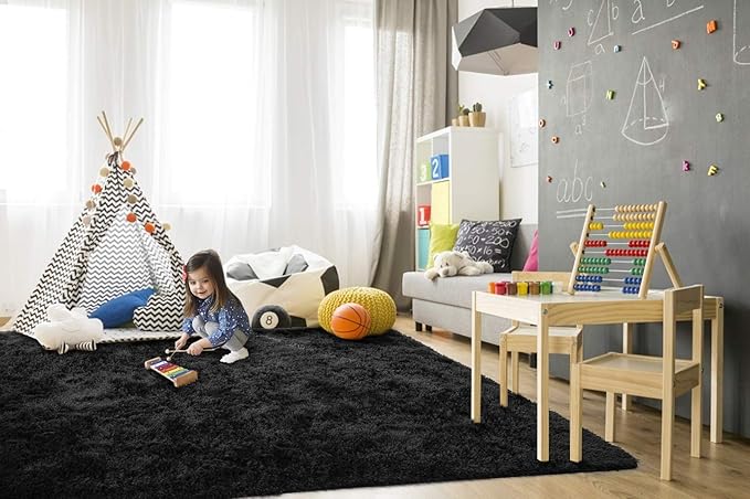 TWINNIS Super Soft Shaggy Rugs Fluffy Carpets, 3x5 Feet, Indoor Modern Plush Area Rugs for Living Room Bedroom Kids Room Nursery Home Decor, Upgrade Anti-Skid Rectangular Fuzzy Rug, Black