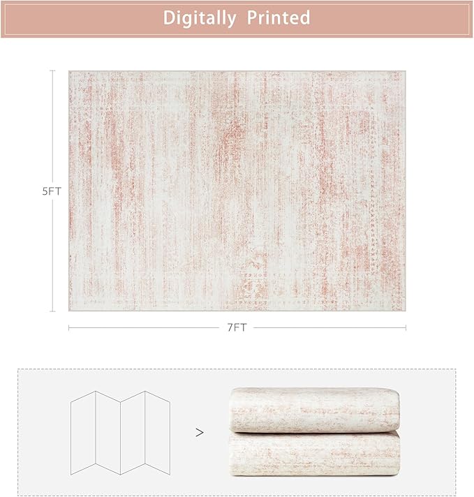 Washable Rugs 5x7 Area Rugs for Living Room,Bedroom,Dining Room- Ultra Soft Faux Wool Nursery Rug for Baby Girl,Neutral Light Pink Low Pile Vintage Carpets for Dorm Kids Playroom,Non Slip