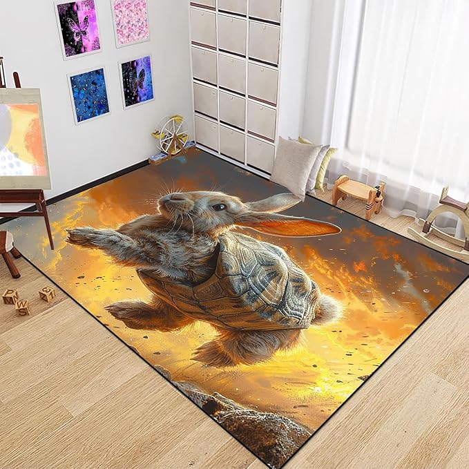 Rabbit Carpet Rugs - Rabbit Tortoise Shell Rug for Kids Girls Boys Lovely Animal Theme Rabbits Area Rug for Bedroom Living Room, 47" L x 39" W