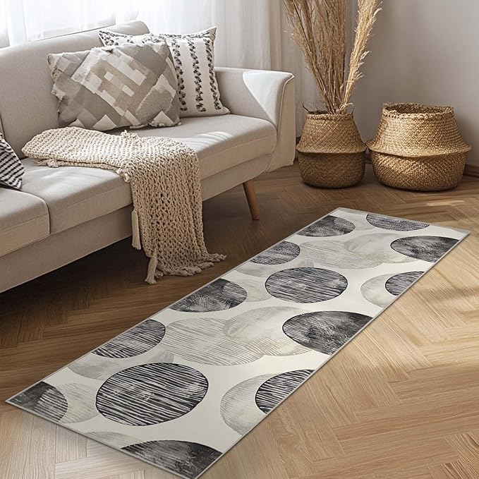 2x6 Kitchen Runner Rug Abstract Minimalist Black Beige Circle Design Hallway Entryway Washable Thin Rugs Modern Neutral Non Slip Low Pile Door Mat Entrance Small Carpet for Laundry Bathroom Bedroom