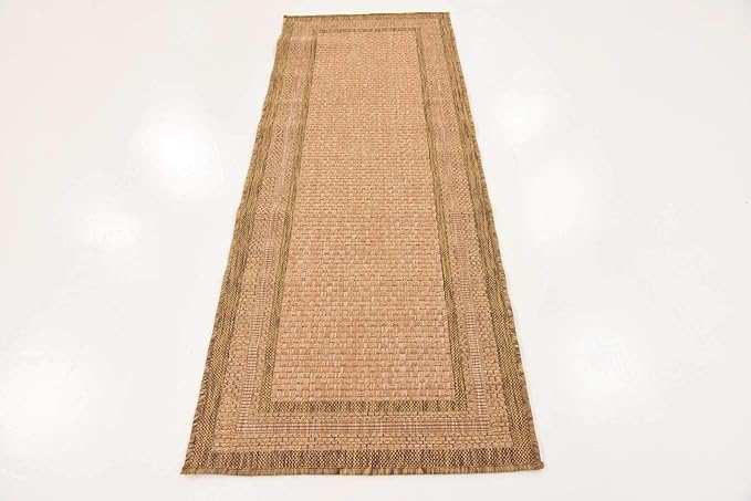 Unique Loom Outdoor Border Collection Area Rug - Multi Border (2' 2" x 6' 1" Runner, Tan/ Light Brown)