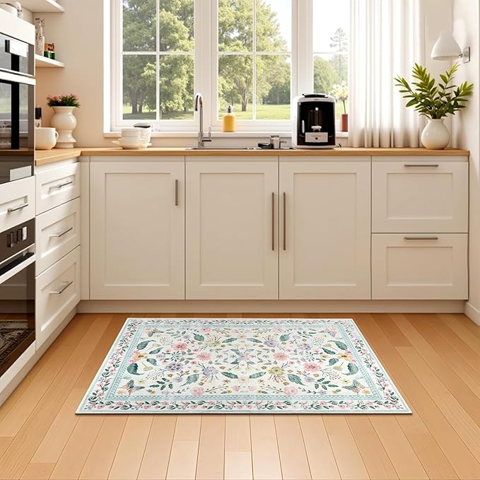 Terrug 2x3 Green Floral Area Rug for Entryway,Boho Machine Washable Throw Rugs with Non-Slip Blacking for Kitchen,Small Flower Carpet for Bedroom Front Door Laundry Floor Decor