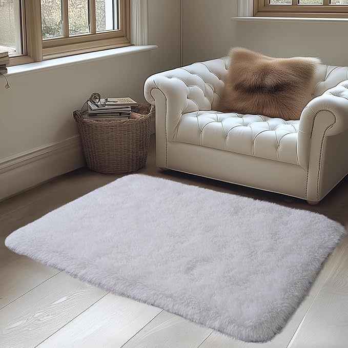 Zentavio Bedside Rugs Small 2x3 Shag Entry Entrance Rugs Soft Bedroom Carpet Area Rugs for Dorm College Essentials Non-Slip Living Room Throw Rug Home Decor Aesthetic Nursery White