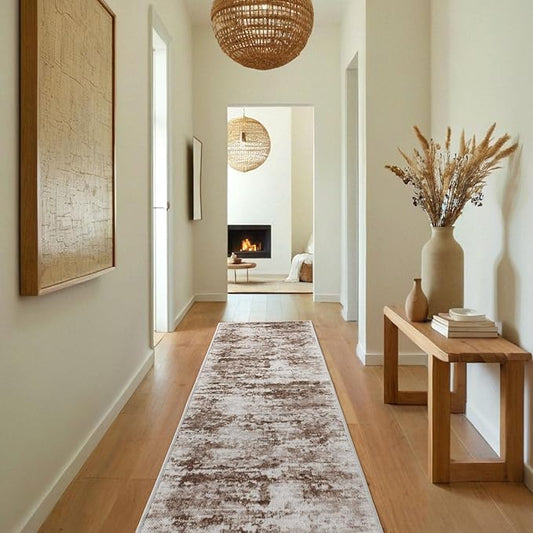 Abstract Washable Runner Rug, 2x8 Hallway Runner Rugs, No Pile, Tear and Stain Resistance, Non-Slip, Hand Woven Style Thin Kitchen Runners for High Traffic Hallway Entrance Laundry- Brown