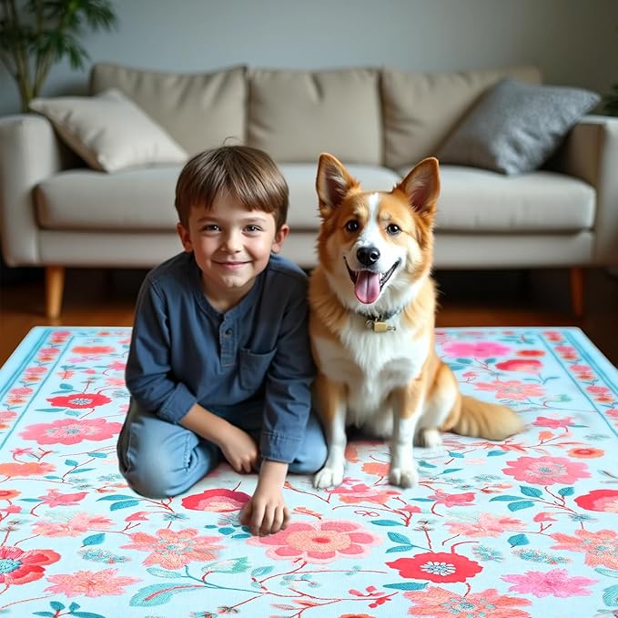 Area Rugs for Living Room 9x12 Non-Slip Carpet Washable Boho Rug Vintage Low Pile Carpet Print Home Rugs for Bedroom Kids Room Playroom Dining Room Home Office Farmhouse,Blue