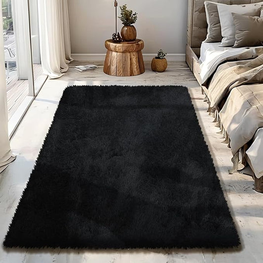 Fluffy Rug Shaggy Area Rug, Black 3x5 Area Rugs for Bedroom, Small Bedside Rug, Soft Fluffy Shaggy Entryway Throw Rugs for Living Room Bedroom Kids Room Home Decor