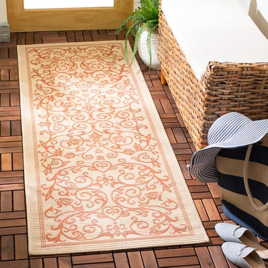 SAFAVIEH Courtyard Collection Runner Rug - 2'3" x 6'7", Natural & Terra, Scroll Design, Non-Shedding & Easy Care, Indoor/Outdoor & Washable-Ideal for Patio, Backyard, Mudroom (CY2098-3201)