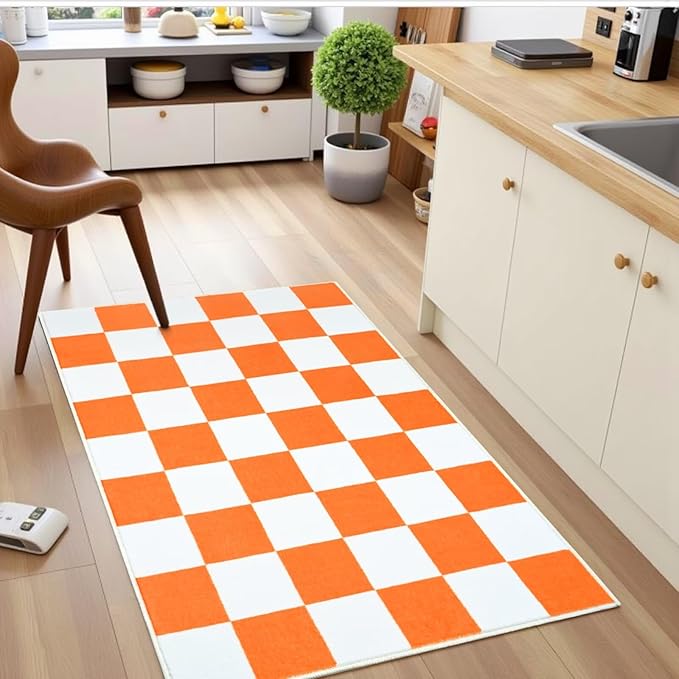 Terrug Orange and White Small Checkered Rug for Bedroom, 2x3 Soft Washable Rug with Non Slip Backing, Low Pile Throw Carpet for Entryway Hallway Kitchen Laundry Room