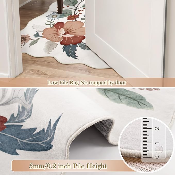 Beeiva 6x9 Area Rugs for Living Room, Washable Floral Playroom Rug, Thin Low Pile Stain Resistance Large Carpet for Bedroom, Dining Room or Nursery - Beige