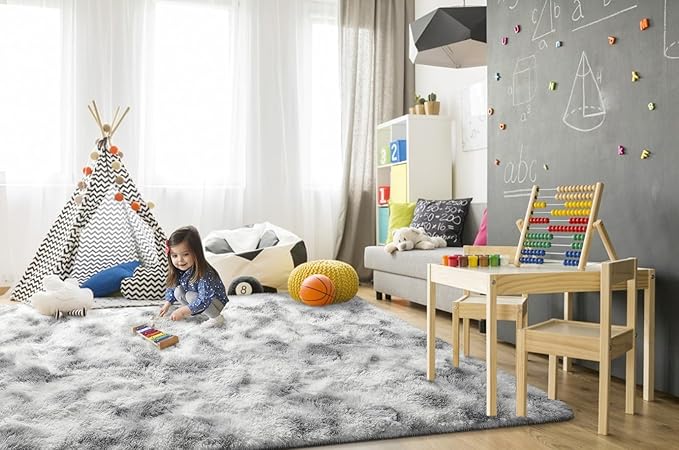 TWINNIS Super Soft Shaggy Rugs Fluffy Carpets 7x10 Feet, Indoor Modern Plush Area Rugs for Living Room Bedroom Kids Room Nursery Home Decor, Upgrade Anti-Skid Fuzzy Rug, Grey and White