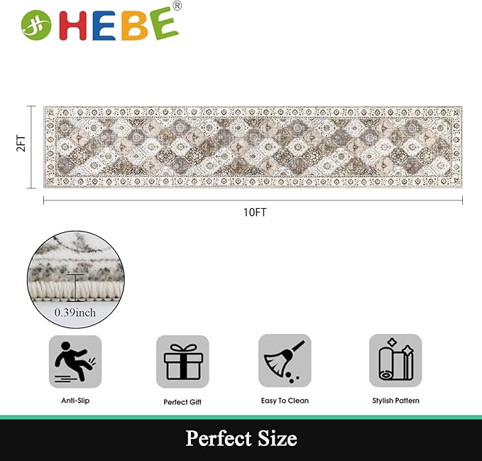 HEBE Hallway Runner Rug 2'x10' Washable Vintage Distressed Area Rugs Non Slip Laundry Rug Runner Boho Floor Carpet Runners for Hallways Entryway Laundry Room Kitchen Bathroom