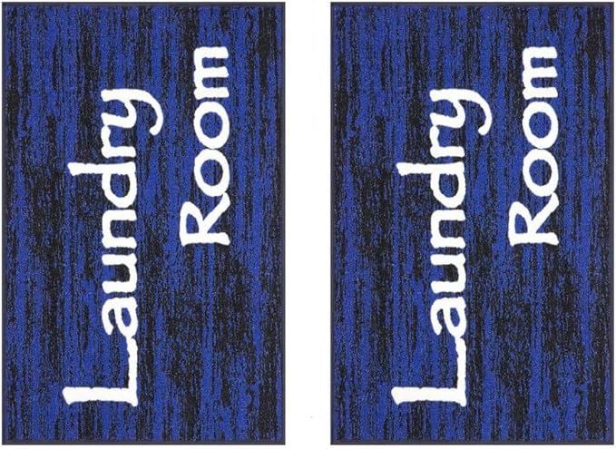 Ottomanson Machine Washable Text Design Laundry Room Rug Non-Slip Rubberback 2x3 Pack of 2 Laundry Area Rug for Laundry Room, Bathroom, Washroom, 26" x 35" - Pack of 2, Black/Blue