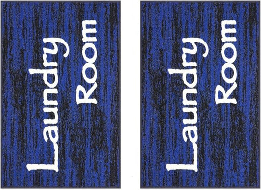 Ottomanson Machine Washable Text Design Laundry Room Rug Non-Slip Rubberback 2x3 Pack of 2 Laundry Area Rug for Laundry Room, Bathroom, Washroom, 26" x 35" - Pack of 2, Black/Blue
