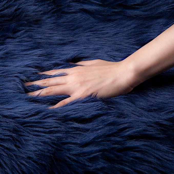 Ashler Faux Fur Rug - Fluffy Shaggy Area Rug, Ultra Soft 3 x 3 Feet Round, Navy Blue Fuzzy Machine Washable Shag, Nursery Decor Throw for Bedroom, Kids Room, Living Room