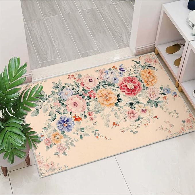 2x3 Entryway Rugs Machine Washable Area Rug Pink Blue Red Yellow Floral Boho Botanical Leaf Flower Rug Non-Slip Low Pile Door Mat Entrance Small Carpet for Home Kitchen Bathroom Bedroom