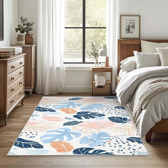 4x6 Rug Boho Botanical Tropical Leaf White Area Rug Bedroom Ultra-Thin Soft Low Pile Large Carpet Living Room Non Slip Dining Room Office Stain Resistant Washable Machine