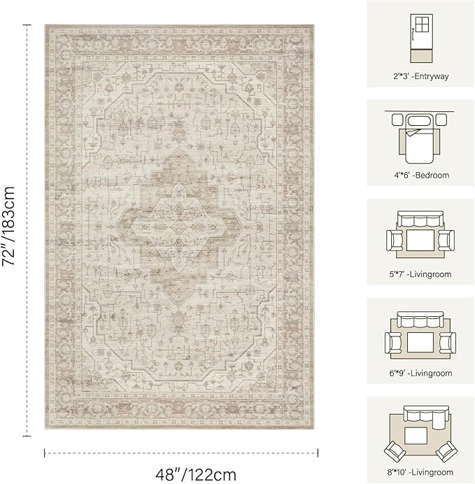 4x6 Washable Area Rug for Living Room, Vintage Neutral Boho Rugs for Office, Dining Room, Kids Room, Farmhouse, Durable Low Pile Non Slip Carpet for High Traffic Areas, Cream