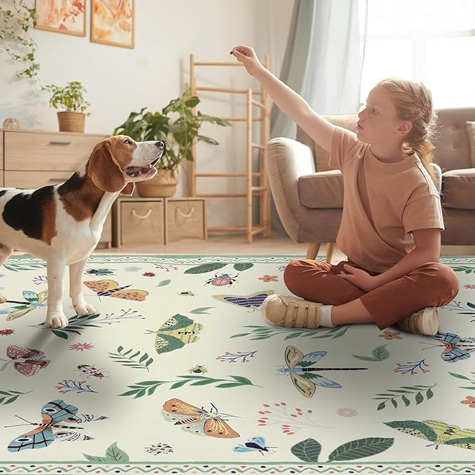 ASPMIZ Insect Area Rug 3X5, Beige Bedroom Rug Non Slip, Spring Summer Washable Rug Farmhouse Butterfly Living Room Rugs Low Pile, Soft Faux Wool Throw Carpet for Entryway, Office, Nursery, Beige