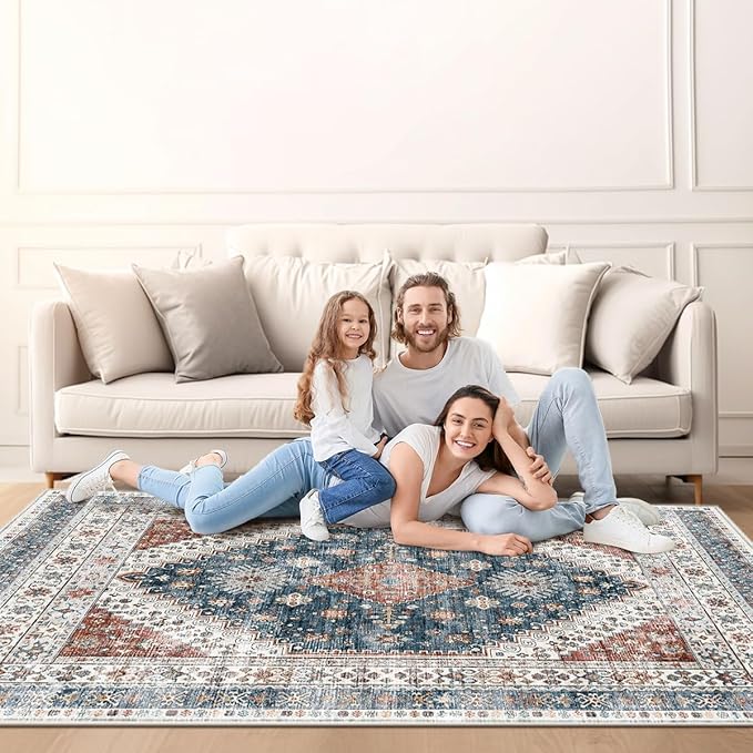 Rug for Living Room-Washable Area Rugs 5'x7' for Bedroom,Ultra-Soft Non-Shedding Faux Wool Vintage Design Boho Low Pile Mat Throw Carpet,Stain Resistant Rugs with Non-Slip Backing