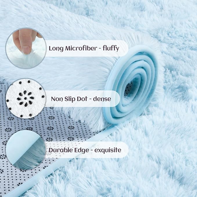 YJ.GWL Area Rugs for Living Room Bedroom, 5x8 Machine Washable Large Light Blue Carpet, Soft Fluffy Shaggy Thick Big Shag Indoor Floor Rug for Kids Boy and Girls Room Dorm Home Decor Aesthetic