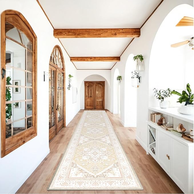 BESTSWEETIE 2x10 Area Rugs for Living Room Washable Non Slip Carpet Low Pile Soft Vintage Print Pattern Rug for Bedroom Dining Room Kitchen Entryway Indoor-Cream/Light Yellow/Brown/Blue/Red/Pink