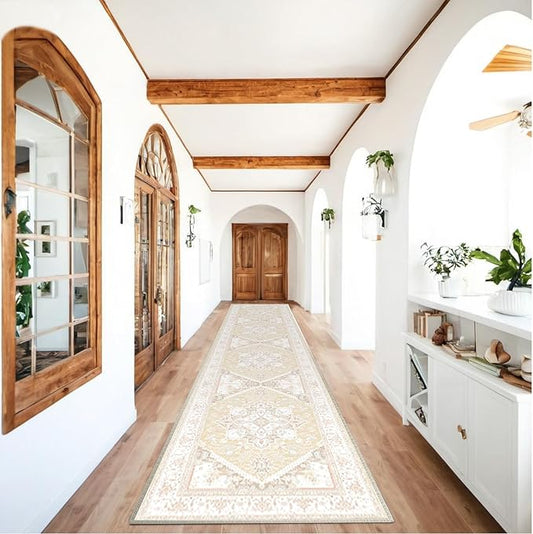 BESTSWEETIE 2x10 Area Rugs for Living Room Washable Non Slip Carpet Low Pile Soft Vintage Print Pattern Rug for Bedroom Dining Room Kitchen Entryway Indoor-Cream/Light Yellow/Brown/Blue/Red/Pink