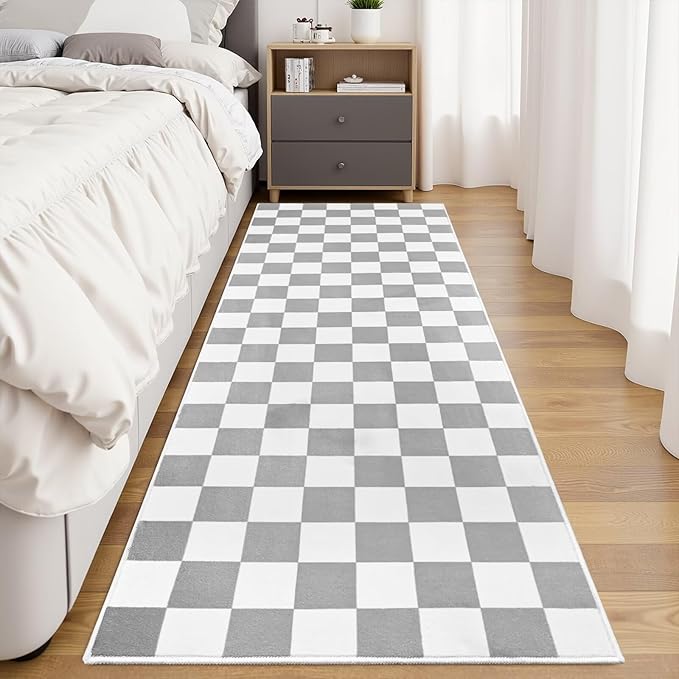 Terrug Grey and White Checkered Runner Rug for Bedroom, 2x6 Soft Washable Rug with Non Slip, Low Pile Stain Resistance Carpet for Entryway Hallway Kitchen Laundry Living Room