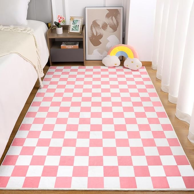 Terrug Pink and White Checkered Rug for Living Room Bedroom, 3x5 Soft Washable Area Rug with Non Slip, Low Pile Stain Resistance Carpet for Kids Room Entryway Kitchen Dorm