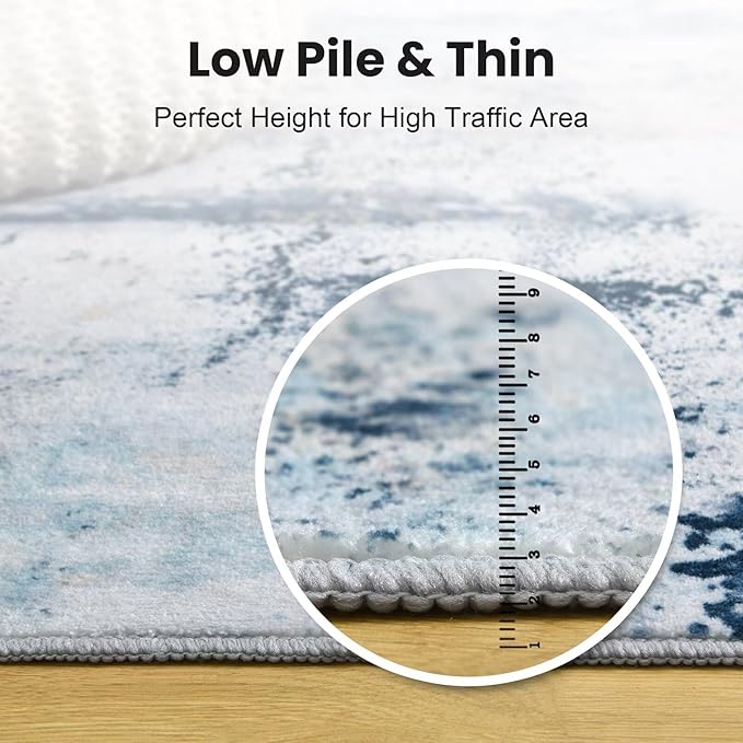 Washable Abstract Rug, 2x3 Small Modern Area Rugs with Non-Slip Rubber Backed for Kitchen, Thin but Soft Throw Carpet Bedroom Entryway Front Door Decor, Blue White