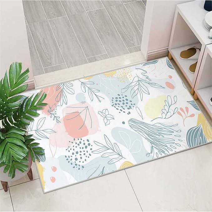 2x3 Entryway Rug Boho Minimalist Botanical Leaf Small Area Rug Thin Carpet Bathroom Non Slip Indoor Entrance Low Pile Door Mat Kitchen Stain Resistant Washable Machine