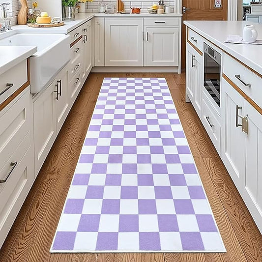 Terrug Purple and White Checkered Runner Rug for Bedroom, 2x6 Soft Washable Rug with Non Slip, Low Pile Stain Resistance Carpet for Entryway Hallway Kitchen Laundry Living Room