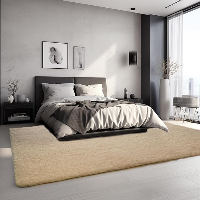 Sour Lemon Area Rugs 9x12 Living Room, Beige Large Area Rug Shag Shaggy Carpet Soft Plush Furry Bedside Rug, Machine Washable Area Rugs for Bedroom Kids Girls Boys Home Decor Anti Slip