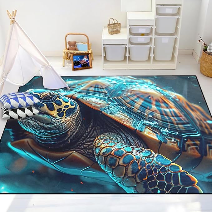 Sea Turtle Area Rug - Sea Turtle Rug for Bedroom Ocean Theme Rugs Ocean Life Decor, 47 in x 39 in