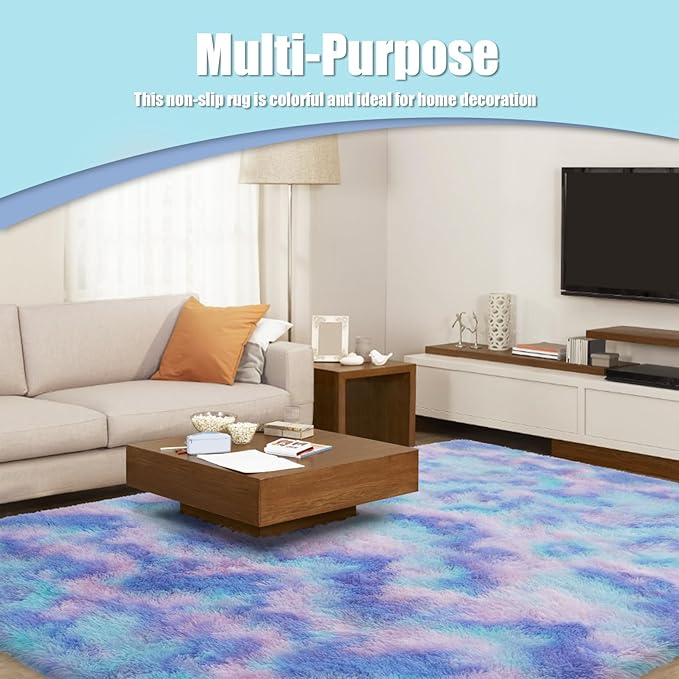 6x9 Fluffy Area Rug for Living Room,Shag Area Rugs for Bedroom,Soft Fuzzy Rug Non-Shedding Indoor Plush Carpet for Kids Bedroom Nursery Dorm Home Decor,Rainbow Purple