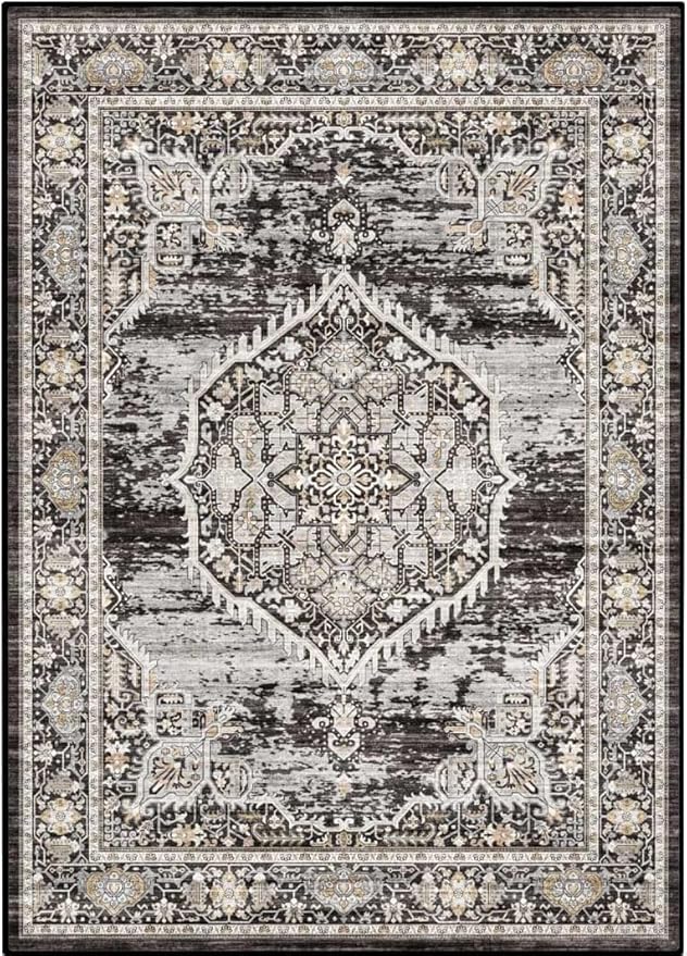 Washable Rugs 7x9 Area Rug：Large Rugs for Living Room - Oriential Distressed Printed Floral Carpet - Non Slip with Rubber Backing Area Rug 7'x9' Black