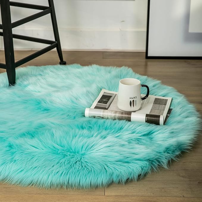Ashler faux fur rug, Fluffy Shaggy Area Rug Ultra Soft 3 x 3 Feet Round Fur Rug, Turquoise Fuzzy Rug Machine Washable Shag Rug, Nursery Decor Throw Rugs for Bedroom, kids room, Living Room