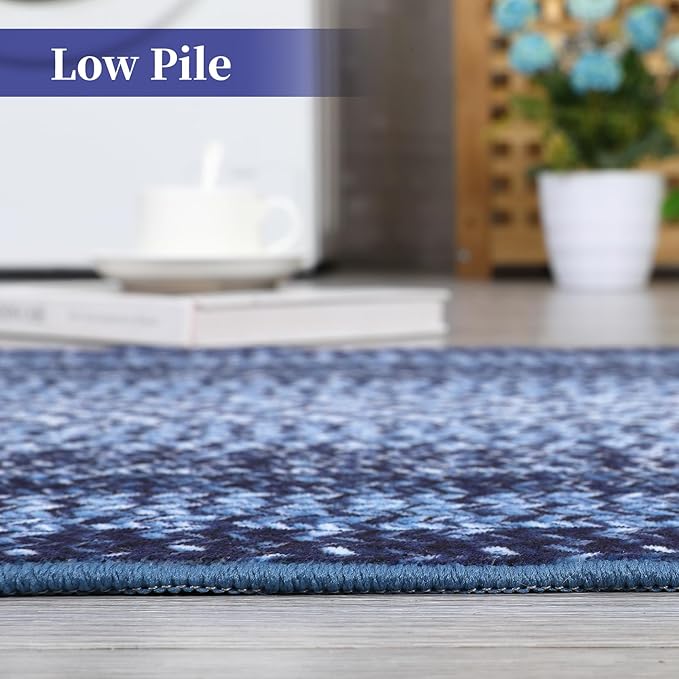 Washable Runner Rug 2x8 Bathroom Rugs Blue Modern Printed Braided Bedroom Rug Non Slip Geometric Area Rug Kitchen Rugs Stain Resistant Carpet for Laundry 2'x8' Navy Blue